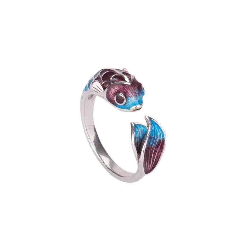 Vintage Lucky Koi Fish Open Ring For Women Fashion Silver Plated Copper Blue Lotus Rabbit Finger Rings Wedding Party Jewelry