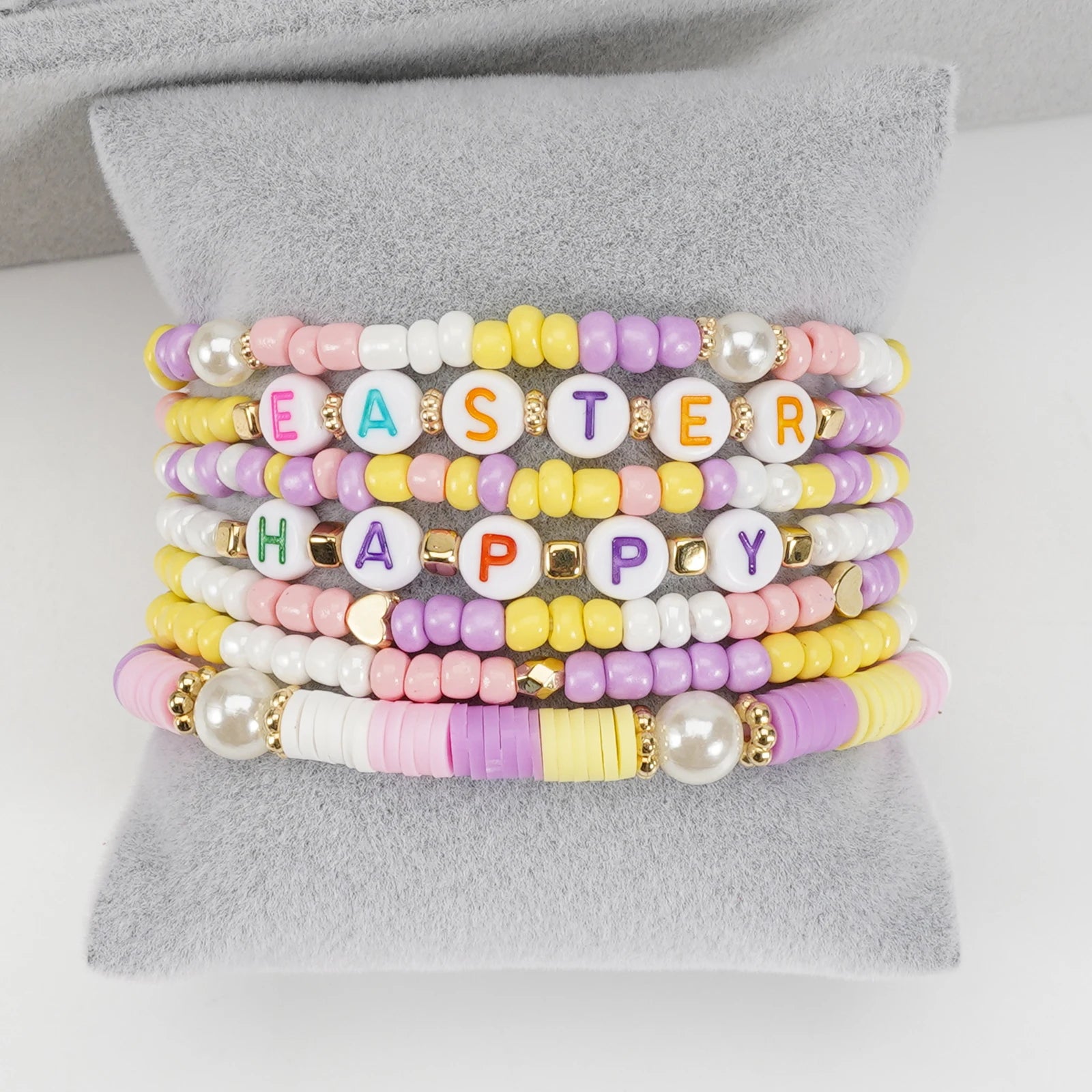 Ensemble de bracelets de Pâques colorés, empilables, en argile, extensibles, perles, style bohème, disques en vinyle, pour femmes