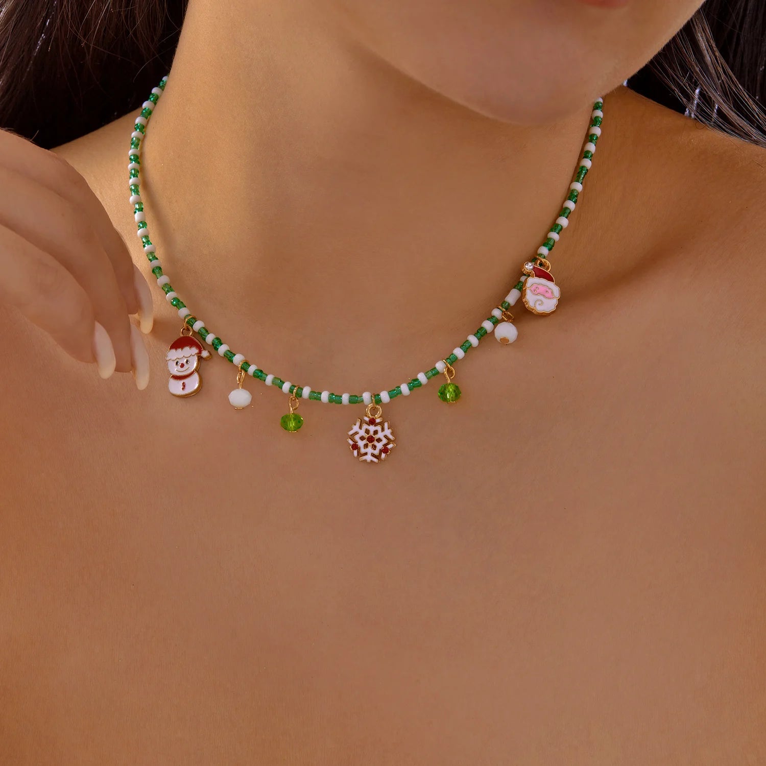 Merry Christmas Colorful Rice Beads Necklace For Women Girls Santa Claus Snowman Christmas Tree Pendant Clavicle Choker Jewelry