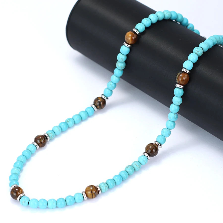 Stylish Natural Stone Necklace For Men Lava Tiger Eyes Howlite Hematite Healing Neck Accessories Hombre Stainless Steel Buckle