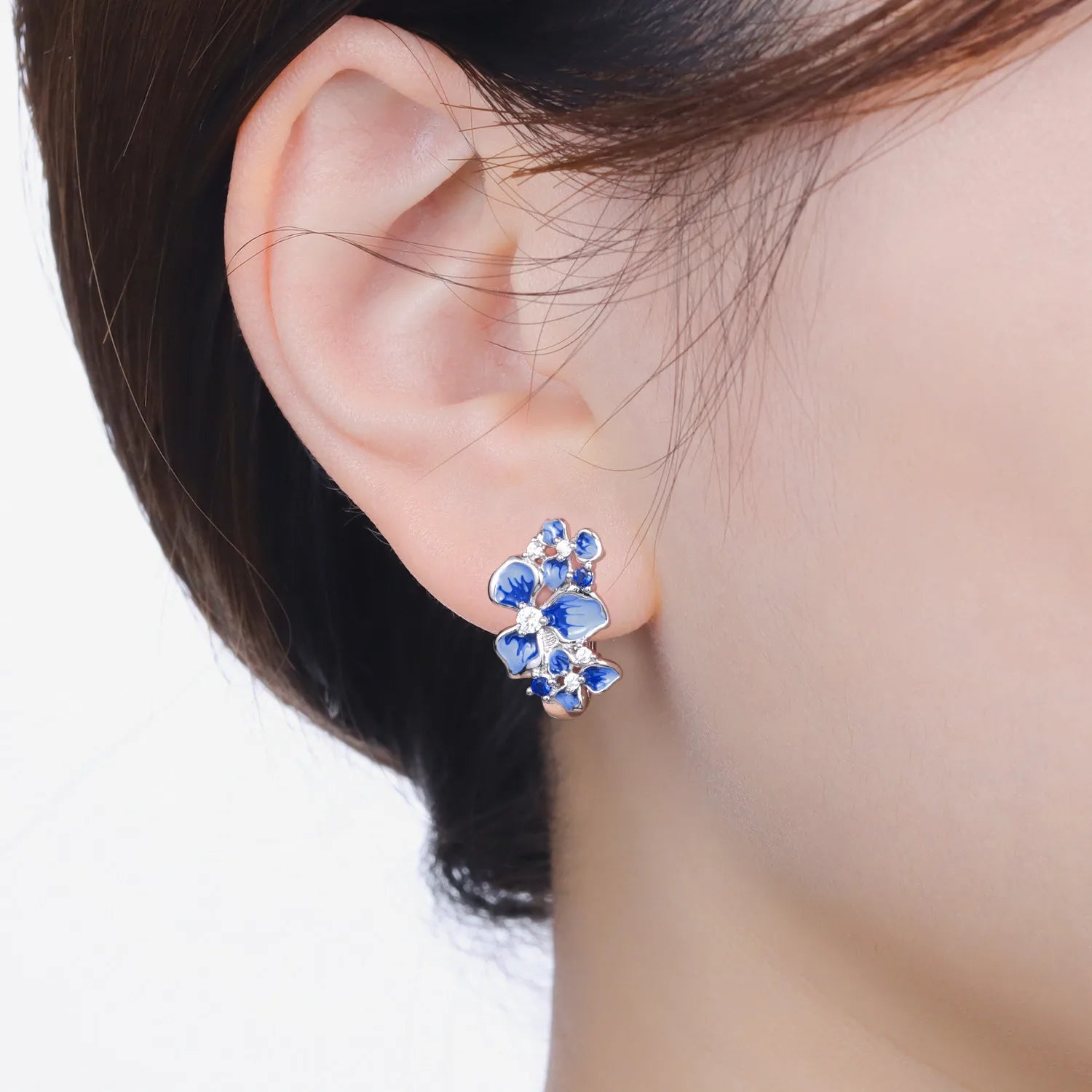 PANPOKI Original 925 Sterling Silver Blue Iris Flower Earrings Women Hoop Earring Anniversary Jewelry Trendy Gifts