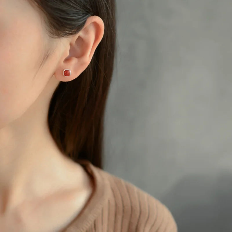 Buyee 925 Sterling Silber Kleiner Ohrstecker Natürlicher Roter Achat Stein Ohrring für Frauen Mädchen Mode Perle Feiner Schmuck Ohrring
