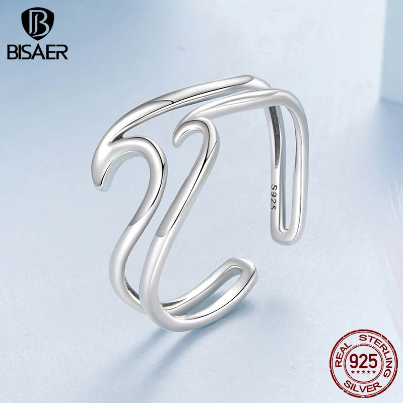 BISAER 925 Sterling Silver Curved Double-layer Open Ring Adjustable Irregular Lines Rings for Women Party Original Fine Jewelry