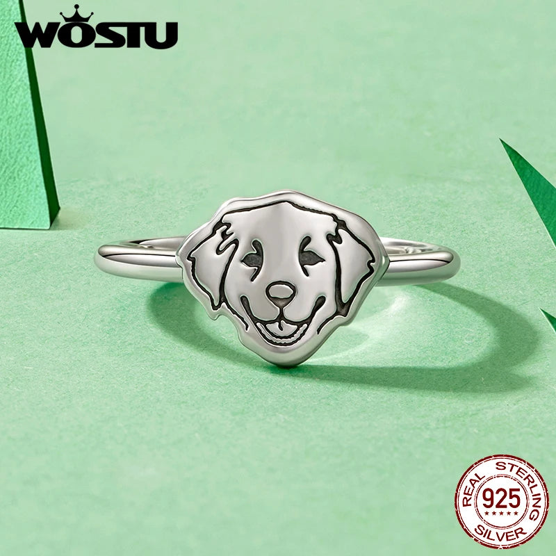 WOSTU Adjustable 925 Sterling Silver Dog Ring for Dog Lovers, Flat Cut Pet Animal Puppy Signet  Stacking Rings Girl Jewelry Gift