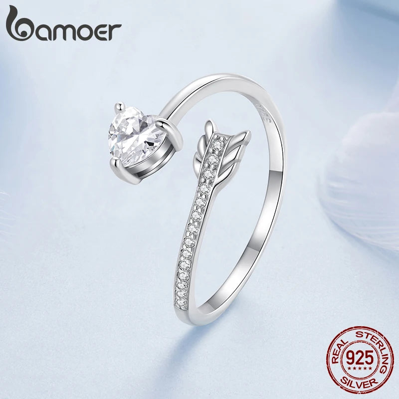 BAMOER 2025 Solid 925 Sterling Silver Arrow Heart Adjustable Ring, Fashion Adjustable Ring Minimalist Jewelry BSR666-E