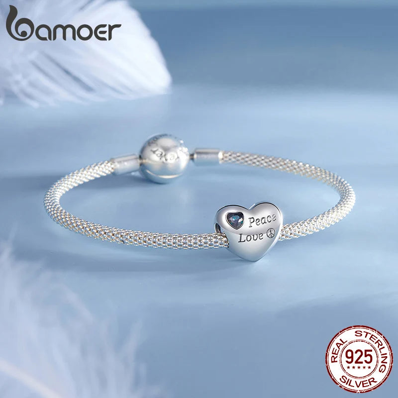 BAMOER 925 Sterling Silber Herzförmiger Peace and Love Charm Bead passend für Original-Armband DIY Bamoer Charm zur Schmuckherstellung