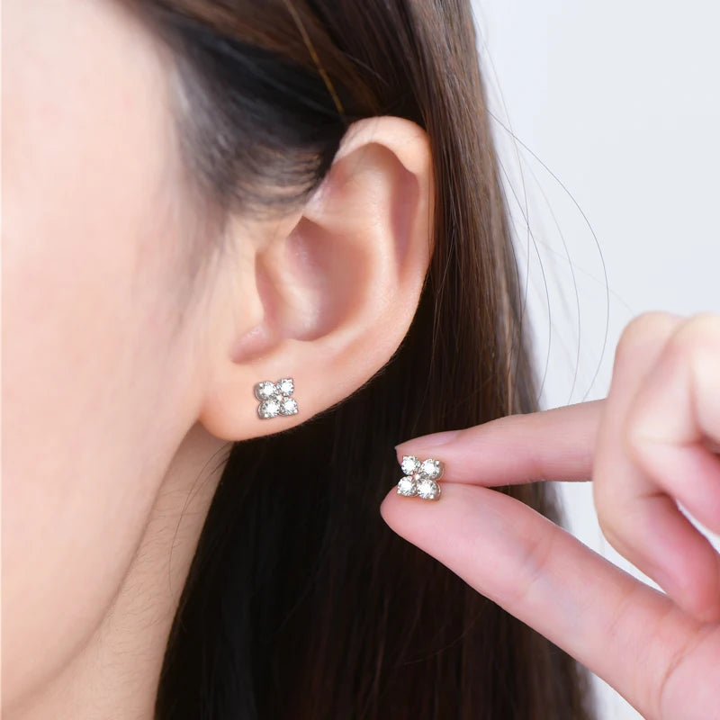 OXTAO D Color 3.0mm Moissanite Stud Earring Ladies 925 Sterling Silver Daily Wear Fashion Four Leaf Clover Earrings Jewelry Gift