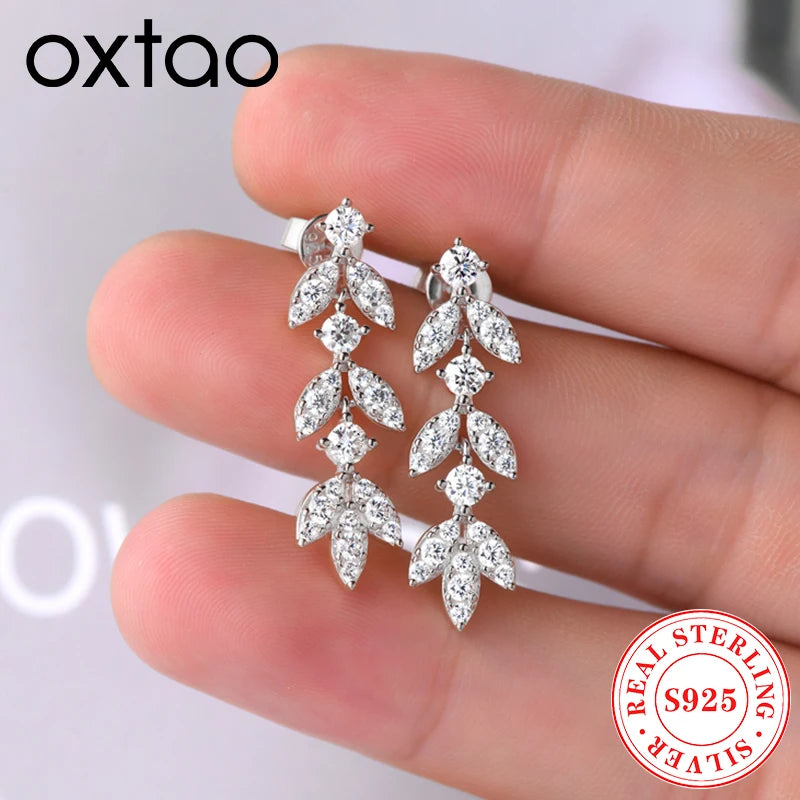 OXTAO GRA D VVS1 Moissanite Earrings For Women Sterling 925 Silver Leaf-shape Drop Dangle Piercing Earrings Fine Jewelry Gift