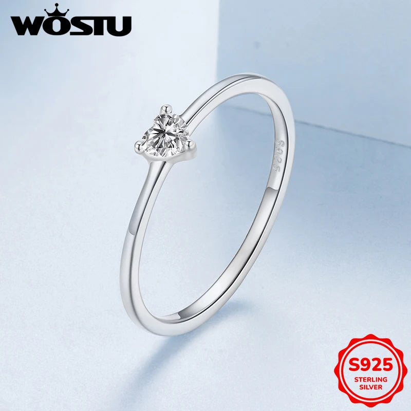 WOSTU 925 Sterling Silver Solitaire Heart Ring For Women Dazzling Clear CZ Finger Rings Engagement Wedding Party Jewelry Gift