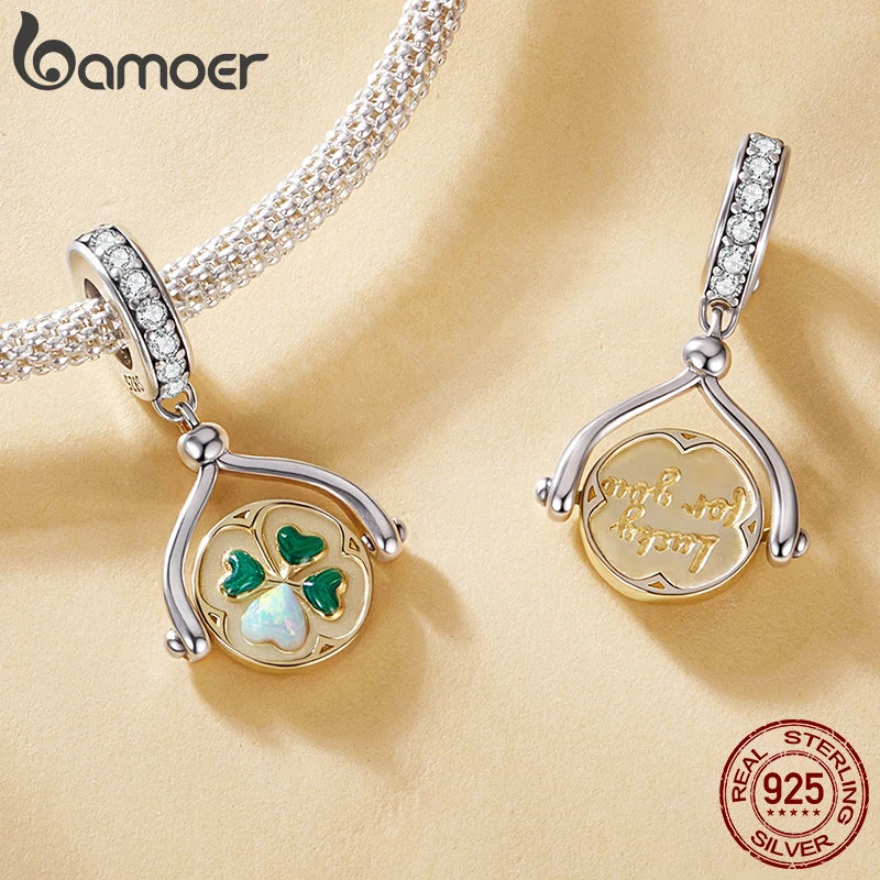 Bamoer 925 Sterling Silver Autumn Gold Leaves Charms Lucky Four-Leaf Clover Spinning Pendant for Women Bracelet DIY Jewelry Gift