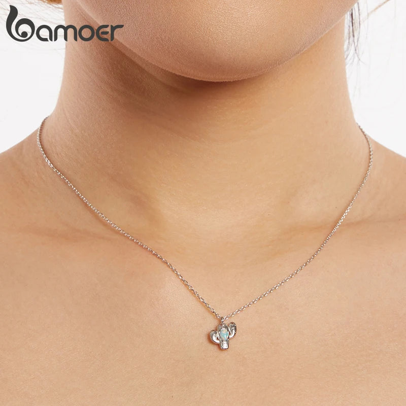 BAMOER Solid 925 Sterling Silver Dainty Cactus Pendant Necklace for Women, White Gold Plated Cute Opal Pendant Necklaces SCN536
