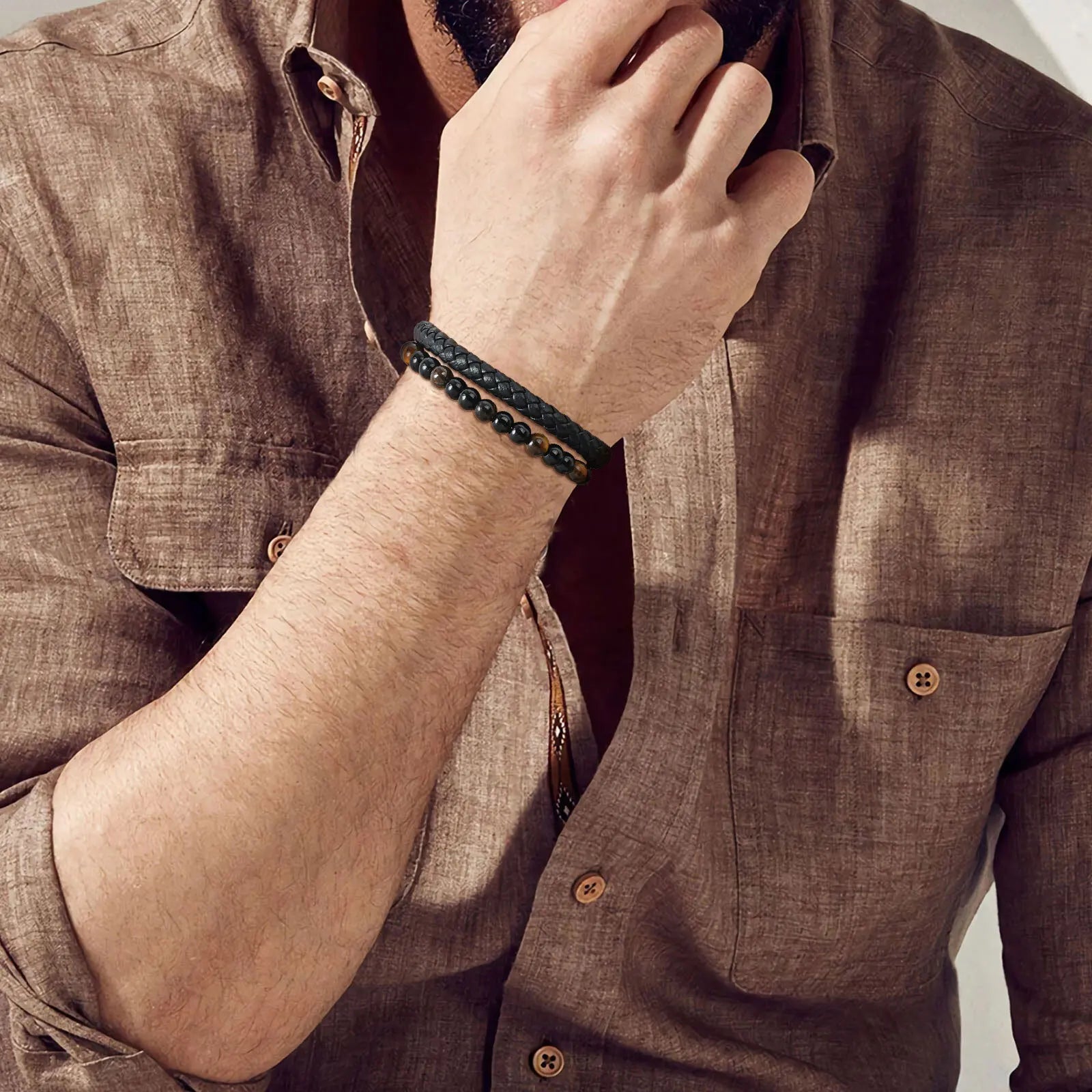 Vnox Tiger Eye Stone Bracelet Men, Blue Black Beads Bracelets, Black Braided Leather Bangle Gift for Dad Fathers Day