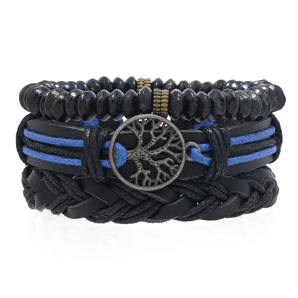 3Pcs/ Set Braided Wrap Leather Bracelets for Men Vintage Life Tree Rudder Charm Wood Beads Ethnic Tribal Wristband Rope Bracelet