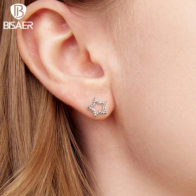 BISAER 925 Sterling Silver Star Stud Earrings Minimalist Stars Earrings Plated White Gold for Women Party Original Fine Jewelry