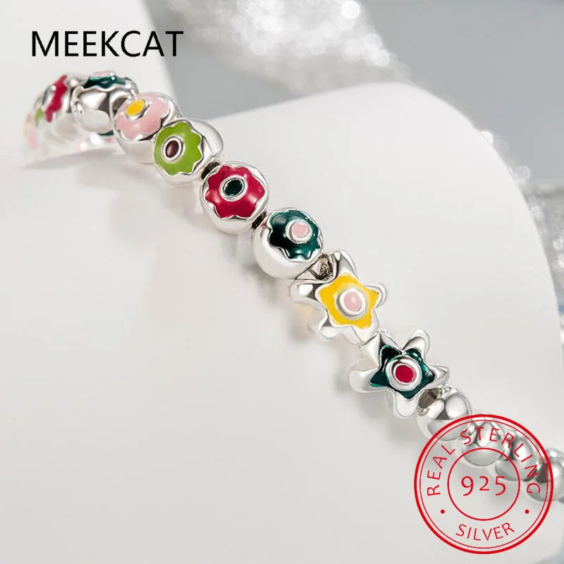 Handmade Bohemian 925 Sterling Silver Flower Rainbow Enamel Beads Chain Ice Cream Charm Bracelet Pulseiras For Women Girl Gift