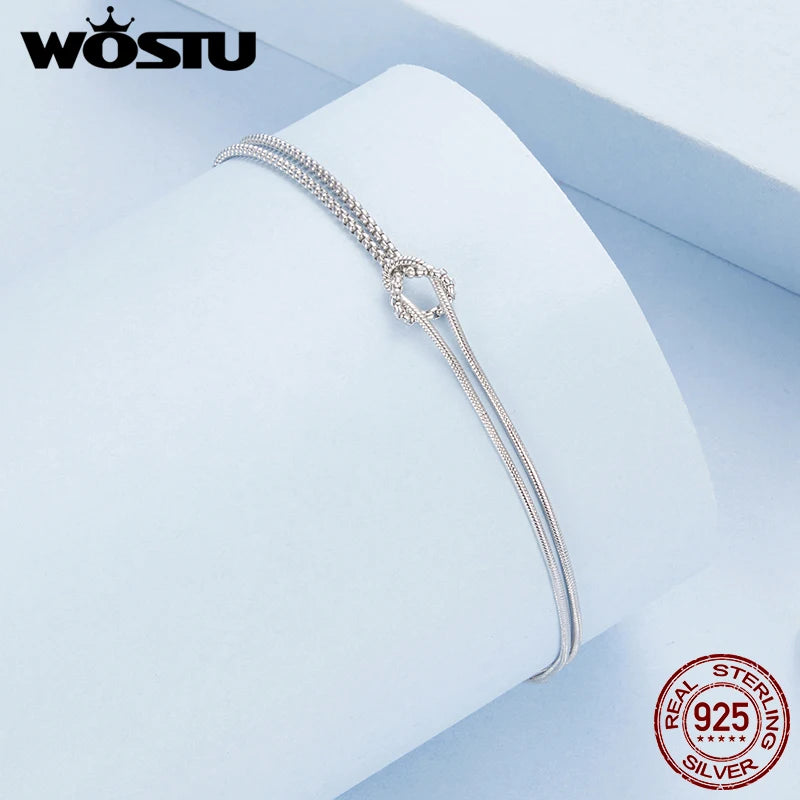 WOSTU Real 925 Sterling Silver Love Knot Bracelets for Women Couple s925 Silver Cube punk Chain Charm Bracelet