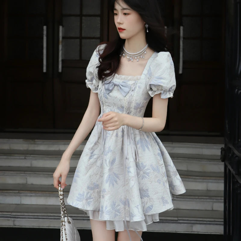 Sweet Lolita Style Princess Dress Women Elegant Square Collar Bow Puff Sleeve Party Mini Dresses Girls Korean Kawaii Print Dress