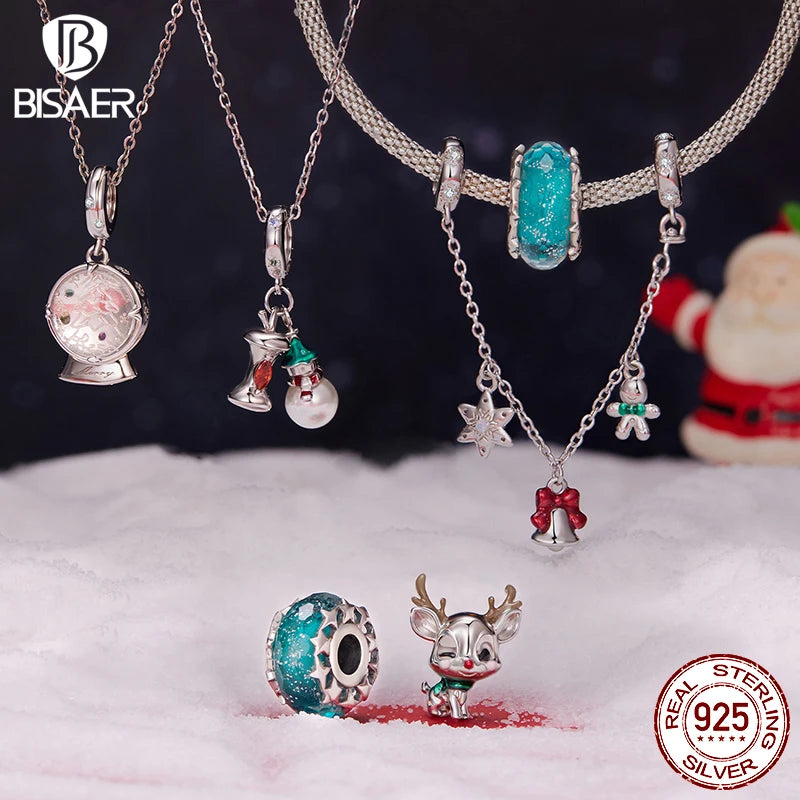 BISAER 925 Sterling Silver Christmas Series Charm Bead Crystal Ball Snowman Apple Safety Chain Fit Women DIY Bracelet Jewelry