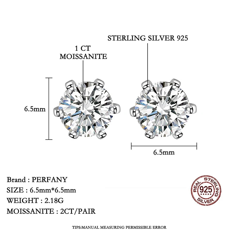 PERFANY 0.3-2CT Moissanite Stud Earrings for Women S925 Pure Silver Screw Six Claw Laboratory Diamond Wedding Fashion Jewelry - Madeinsea©