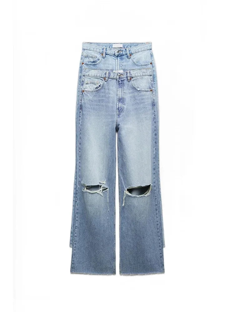 Women's loose hole decoration high-waisted jeans Fashion versatile wide-legged trousers Elegant fashion women's clothing