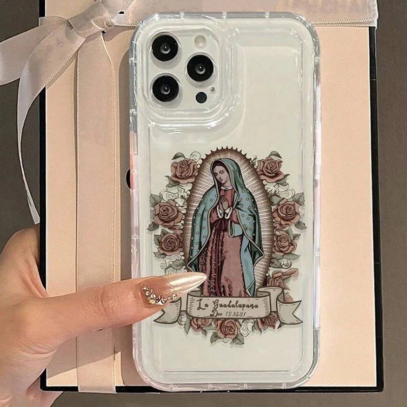 Soft Phone Case For iPhone 16 15 14 13 Pro Max 11 12 Mini 8 7 Plus X XR XS SE 2022 Women's Floral Virgin Mary Print Clear Cover