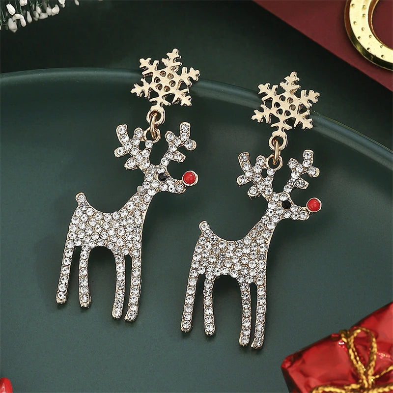 Exquisite Rhinestone Elk Earrings for Women Girls Shiny Crystal zircon Snowflake Deer Dangle Earring Christmas New Year Jewelry