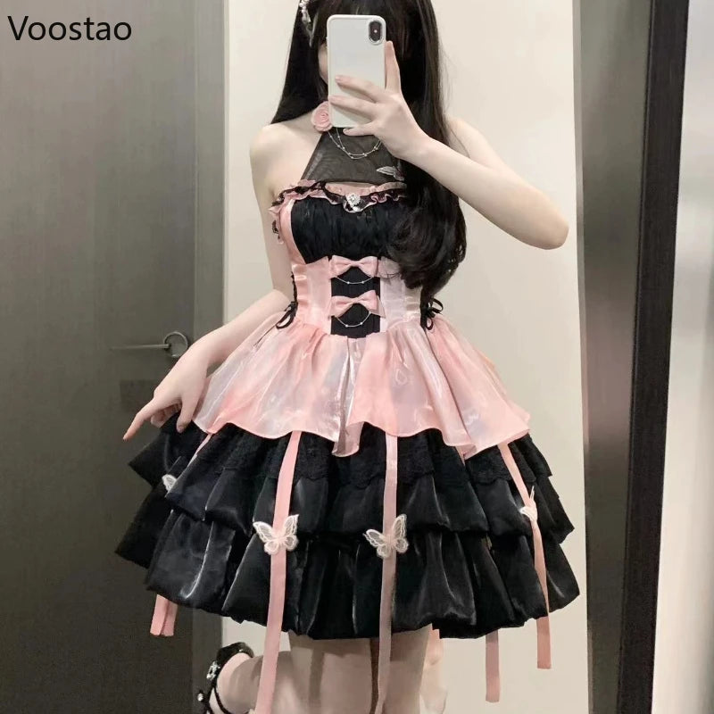 Vintage Victorian Lolita Princess Mini Dress Women Gothic Y2k Bow Lace Ruffles Sleeveless Party Dresses Girl Sweet Elegant Dress