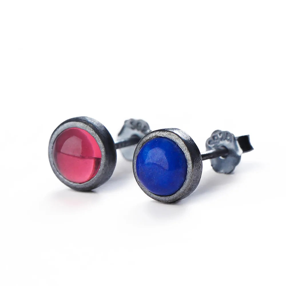 MKENDN New 100% 925 Sterling Silver Earrings Men Women Vintage Round Stud Earrings Lapis Lazuli Stone Personality Jewelry