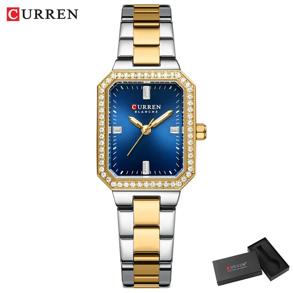 CURREN Luxurious Elegant Women's Watches Classic Rectangular Dial with Rhinestones Luminous Hands Waterproof