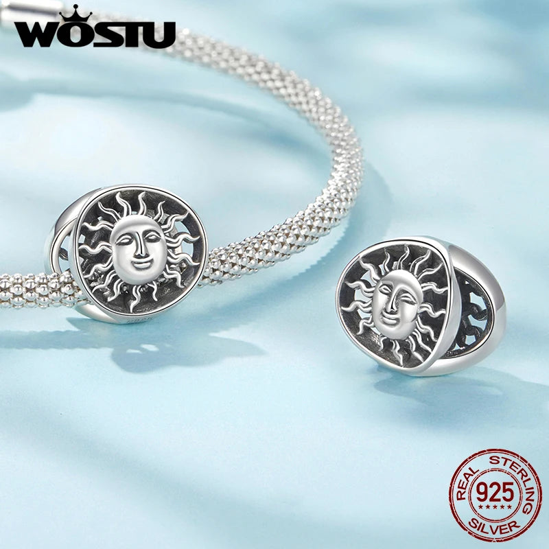 WOSTU Solid Vintage 925 Sterling Silver Sun God Pendant Charm Retro Hollow Beads fit Bracelet DIY Jewelry Anniversary Gift