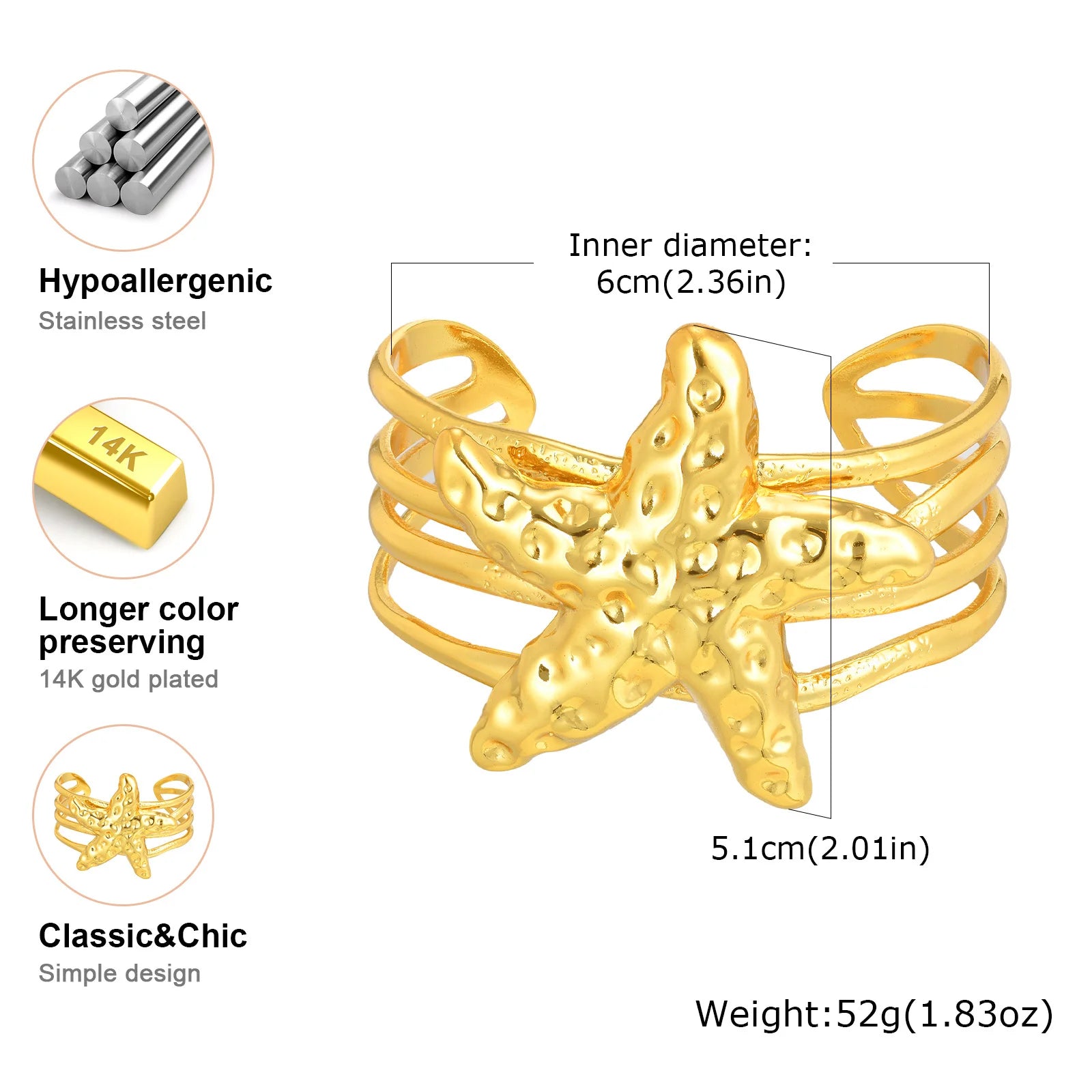 Vnox Chunky Starfish Cuff Bracelets For Women Girls,Stainless Steel Gold Color Heavy Bangles,Female Trendy Jewelry Party Daily