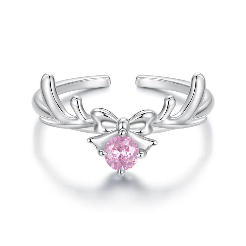 Bamoer 925 Sterling Silber Ring mit süßer Schleife und Rentier, verstellbarer, runder rosa Zirkonia-Ring für Damen und Teenager, wunderschönes Weihnachtsgeschenk