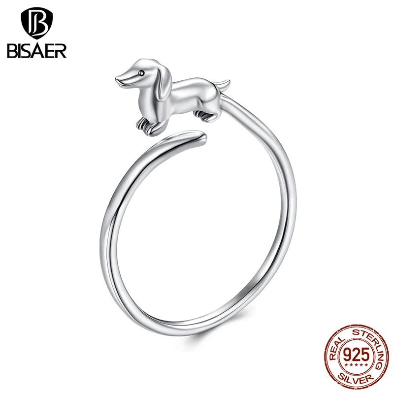 BISAER 100% 925 Sterling Silver Cute Dachshund Open Ring Pet Dog Adjustable Size 5-9 Band for Women Party Fine Jewelry ECR1121-E