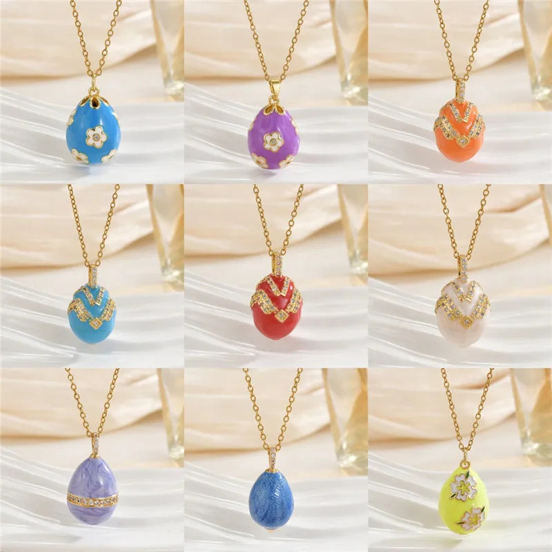 Fashion Easter Egg Enamel Zircon Pendant Necklace Stainless Steel Chains Geometric Choker Jewelry Gifts For Women Girls