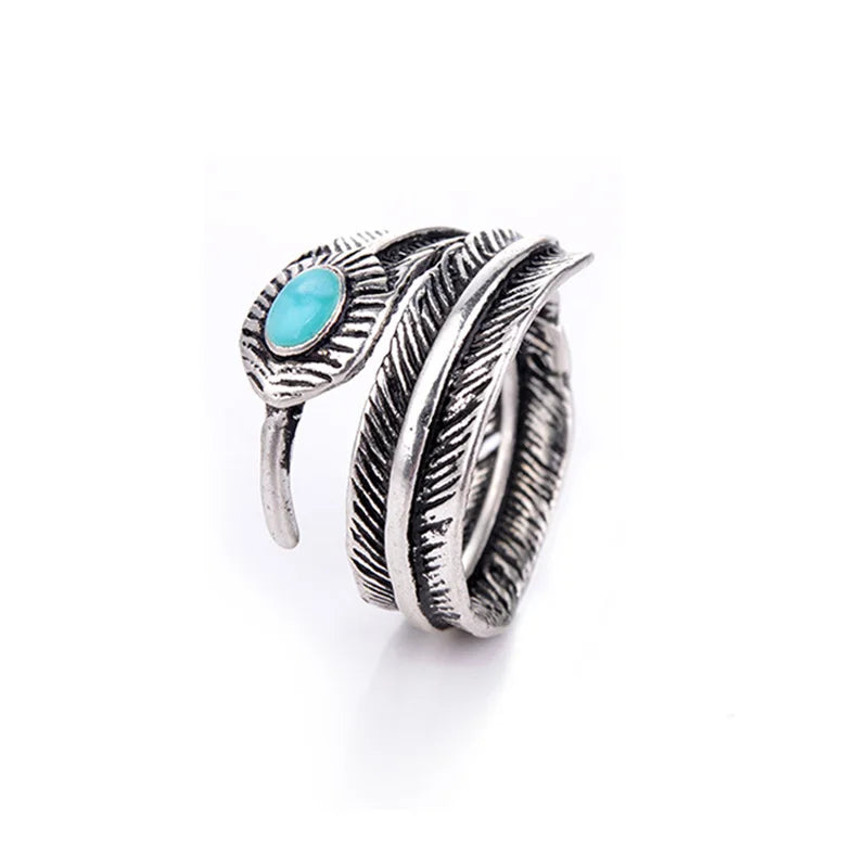 Retro Green Stone Feather Ring For Men Silver Color Punk Gothic Open Ring Handmade Designer Jewelry Unisex Accessories Love Gift