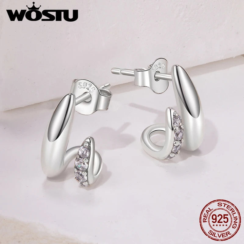 WOSTU Solid 925 Sterling Silver Unique Geometric Double-Layer Stud Earrings, Wedding Engagement Hoop Earring Party Gift