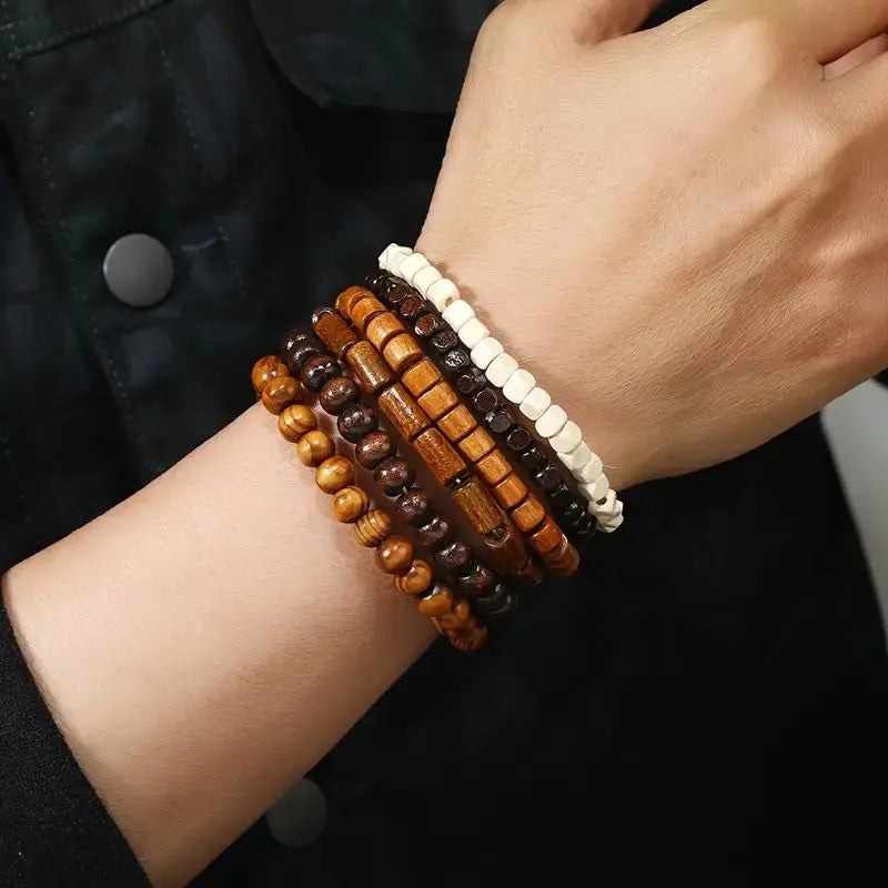 24pcs/set Men's Retro Trendy Multi-layer Bracelet Set, Versatile Elastic Thread Wooden Bead Bracelet
