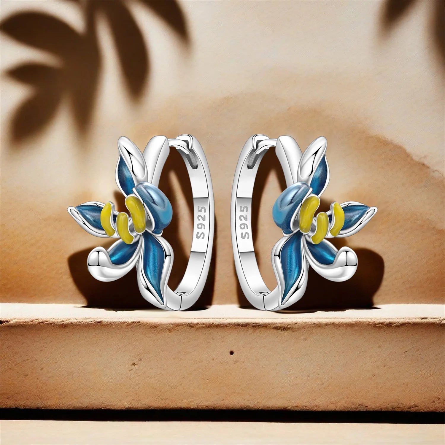 PANPOKI Original 925 Sterling Silver Blue Orchid Flower Earrings Women Hoop Earring Anniversary Jewelry Trendy Gifts