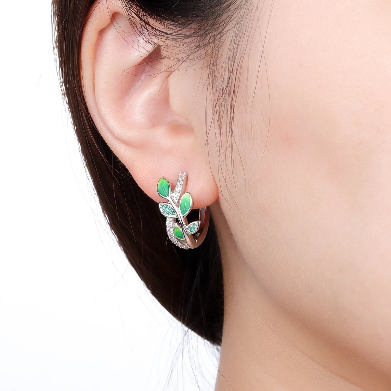 PANPOKI Original 925 Sterling Silver Green Zircon Leaves Earrings Women Hoop Earring Anniversary Jewelry Trendy Gifts