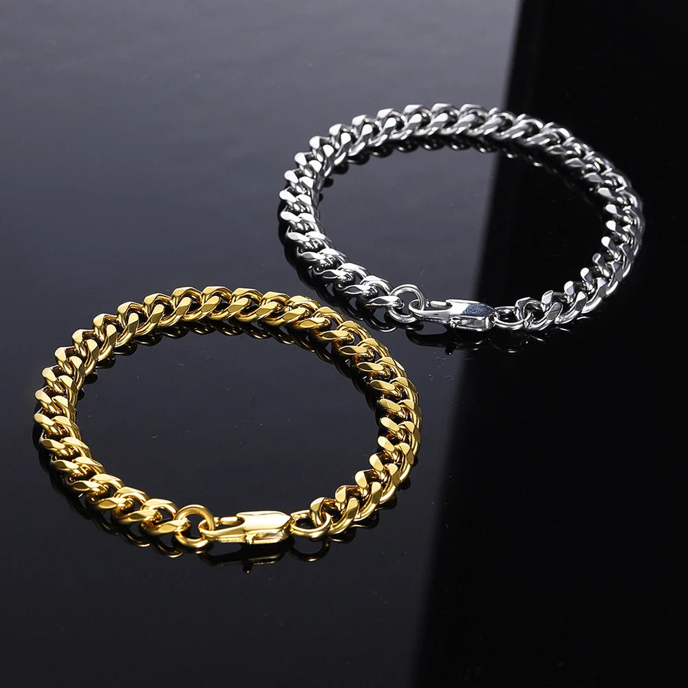 MKENDN 4-6-8mm Locomotive Men Punk Rock Stainless Steel Curb Cuban Link Chain Silver Color Bracelet For Women Biker Jewelry
