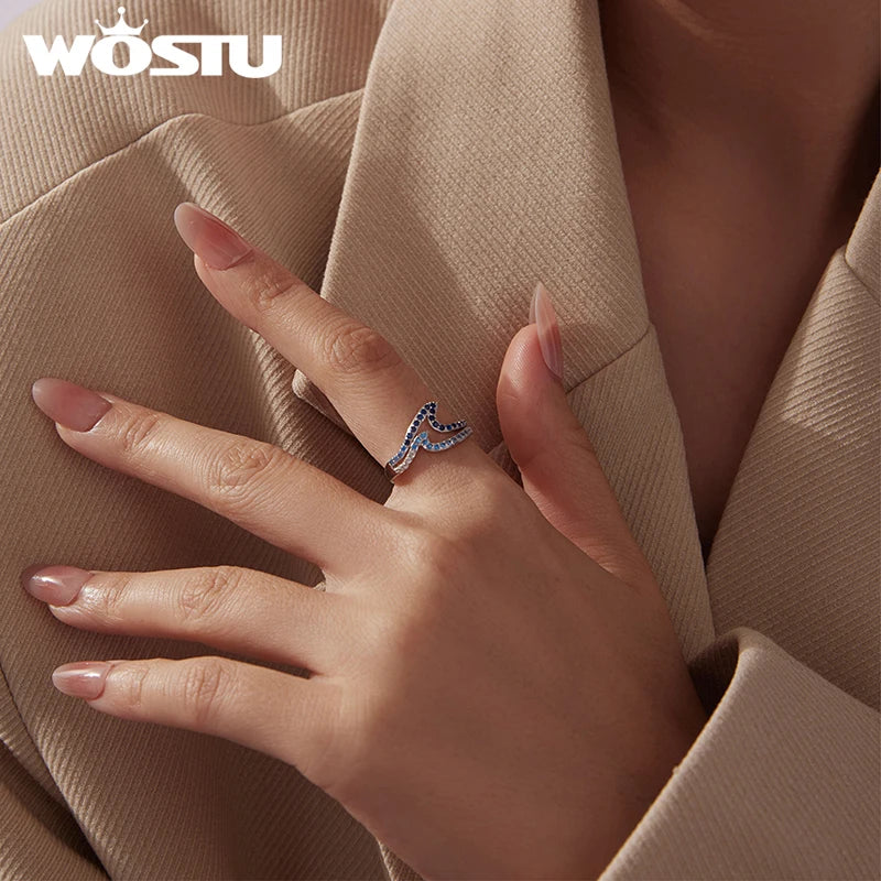 WOSTU Ringe aus echtem 925er Sterlingsilber mit Wellenmuster, elegantem, stapelbarem Statement-Ring im Ozeanwellen-Design mit blauem Zirkonia-Farbverlauf für Damen