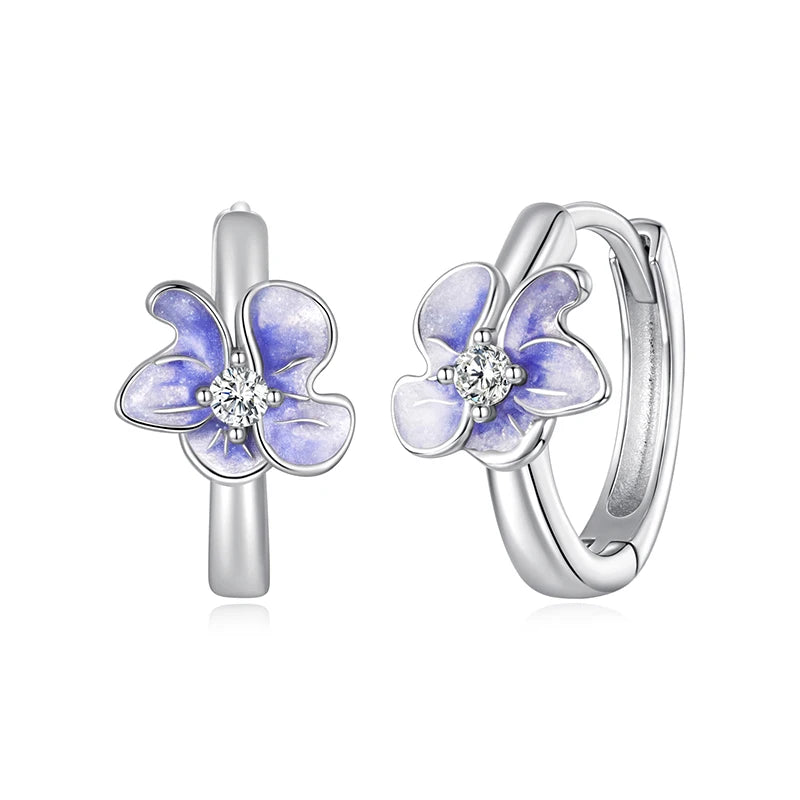 WOSTU 925 Sterling Silver Mystical Purple Flower Hoop Earrings For Women , Wedding Engagement Luxury Drip Oil Iris Earring Gift