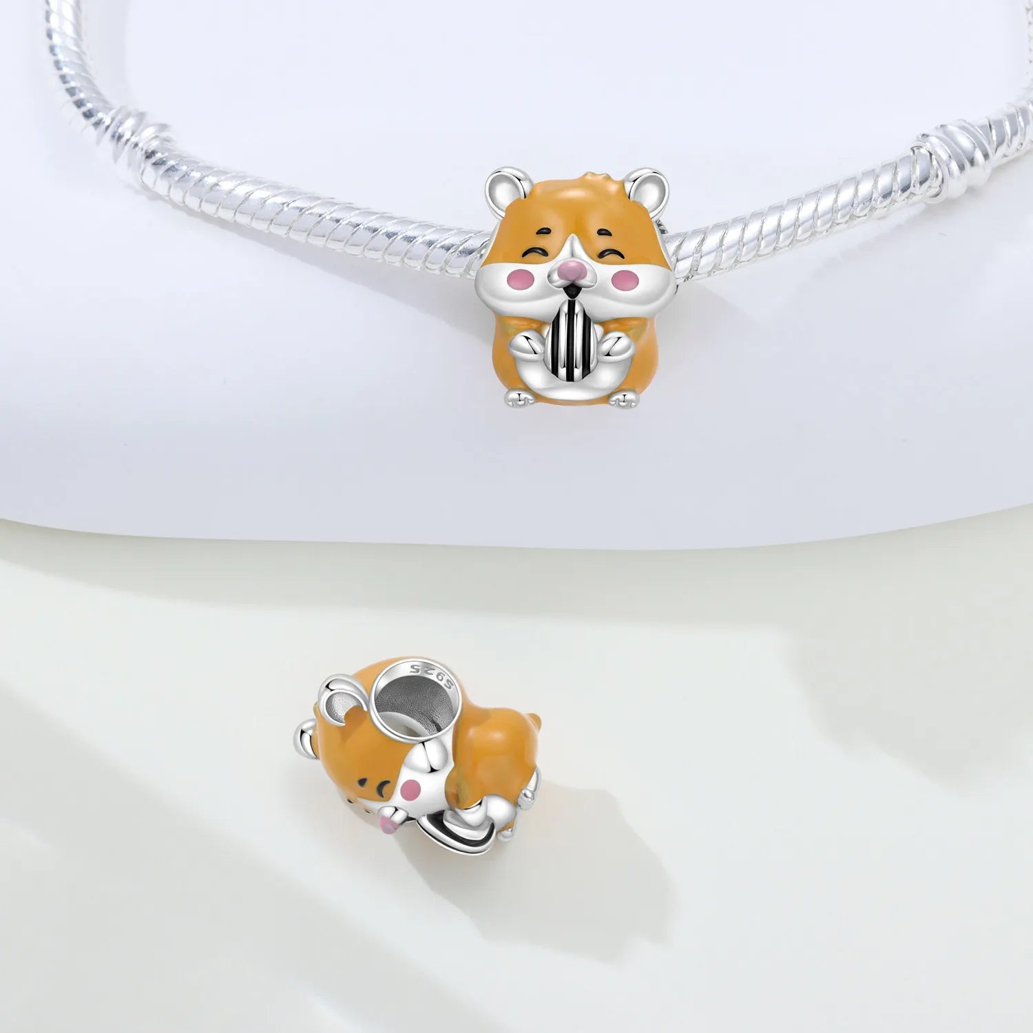 PANPOKI 925 Sterling Silver The Hamster Eating Melon Seeds Beads Original Pendant Bracelet Charm Jewelry Party DIY Trendy Gifts