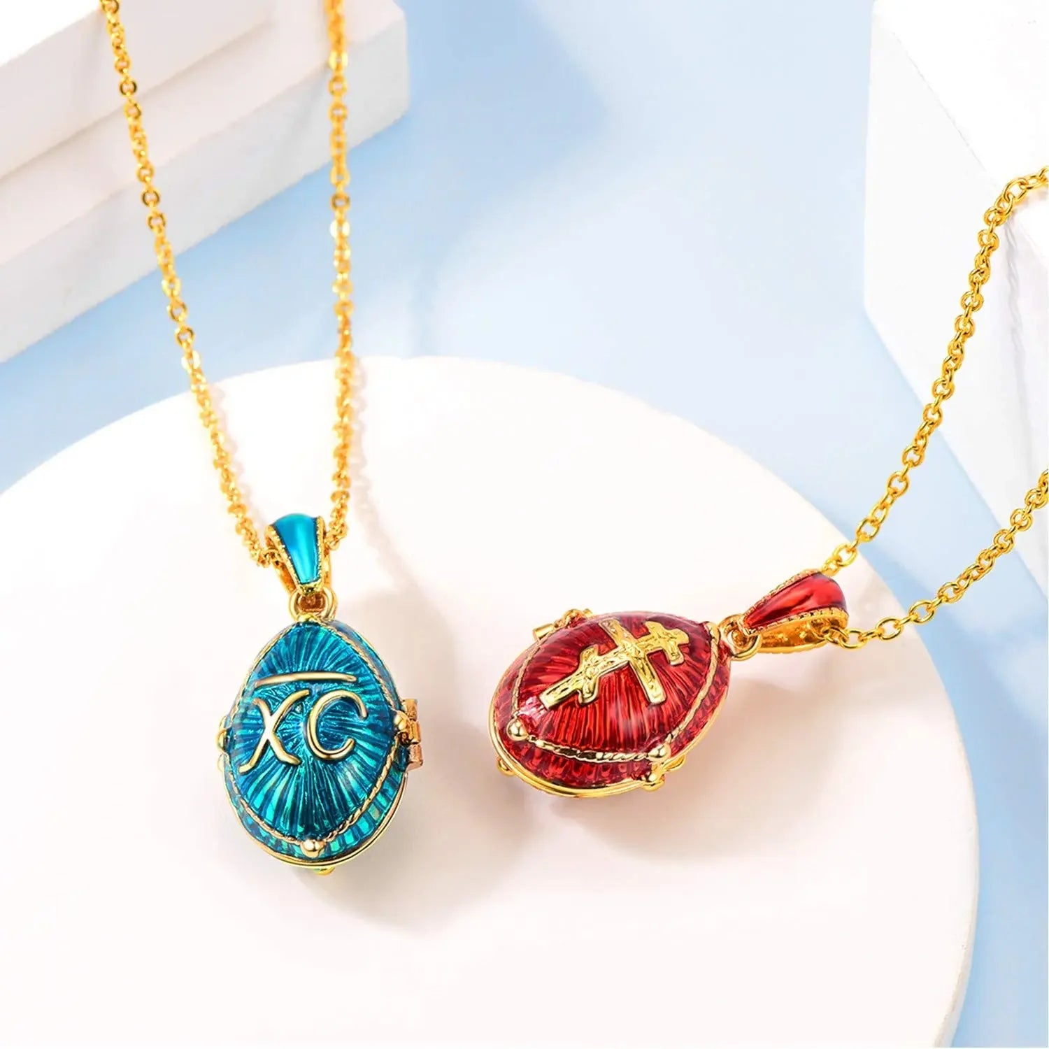 U7 Blue Red Oval Orthodox Cross Locket Necklaces Glaze of Enamel 14k Gold Color Religion Christians DIY Jewelry Gift for Her - Madeinsea©