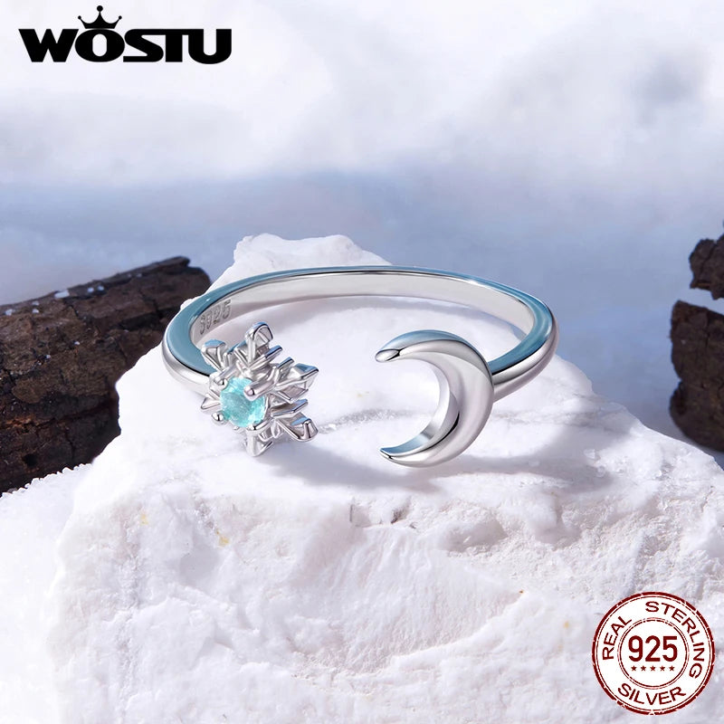 WOSTU 925 Sterling Silver Snowflake & Moon Ring for Women, Icy Blue Crystal Zircon Open Rings Winter Xmas Jewelry Party Gift