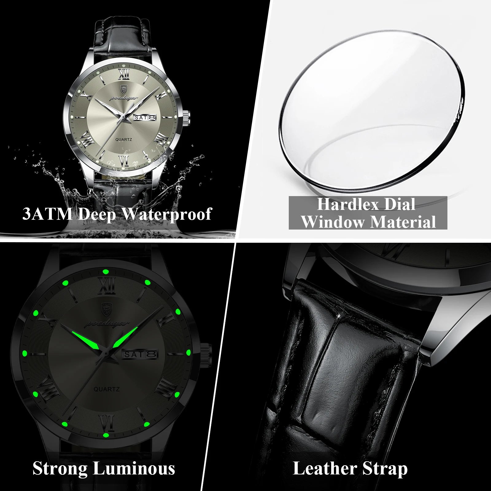 POEDAGAR Luxury Watch For Man Military Sport Leather Men Quartz Watch Waterproof Luminous Date Week Men's Watches Male Reloj+Box