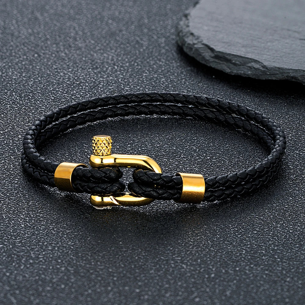 MKENDN Gold Plated Stainless Steel Shackle Bracelet Men Women Simple Double Layer Braided Blue Leather Bracelets Handmade Gifts