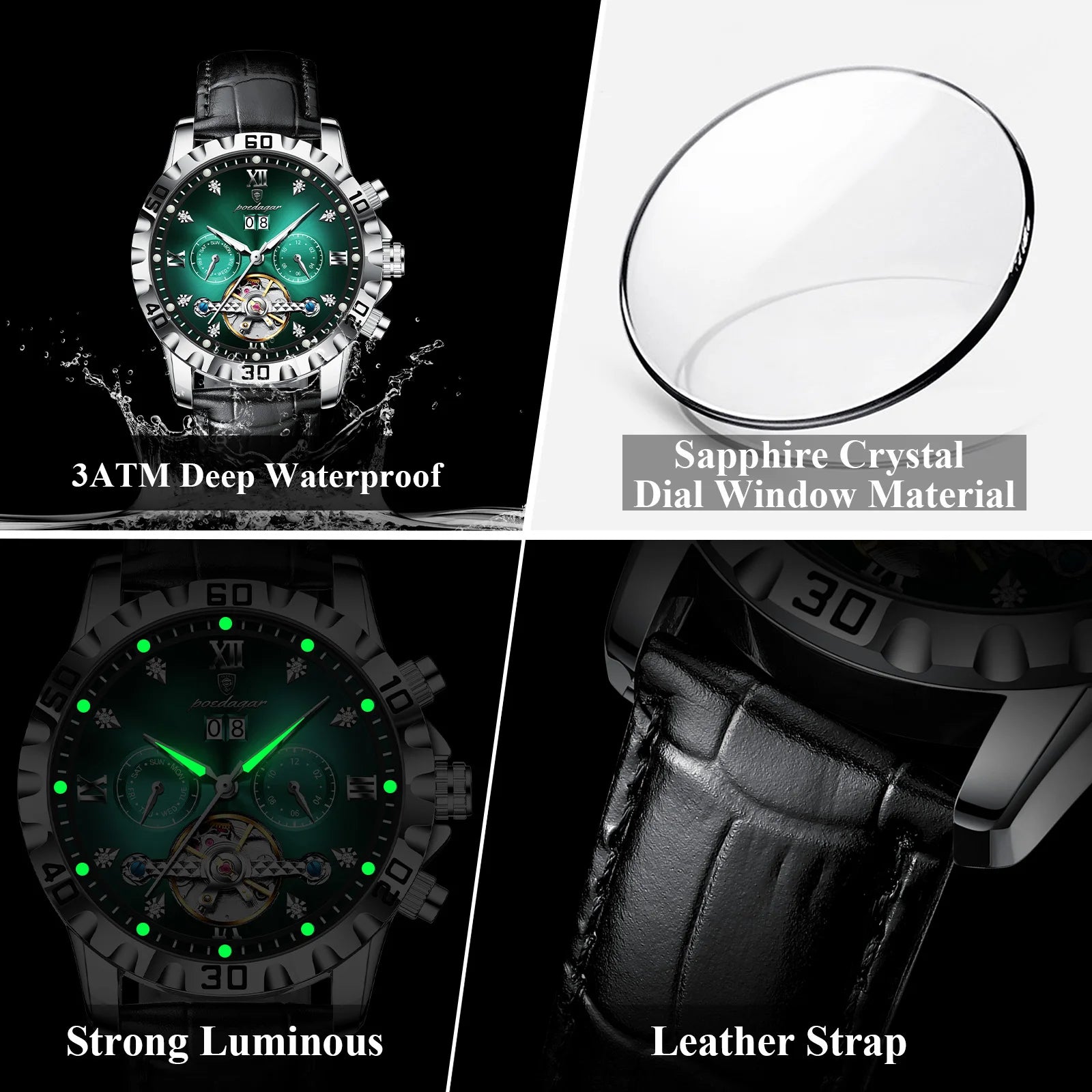 POEDAGAR Top Luxury Men's Watches Original Mechanical Leather Men Clock Date Week Hollow Tourbillon Automatic Man Watch Male+Box