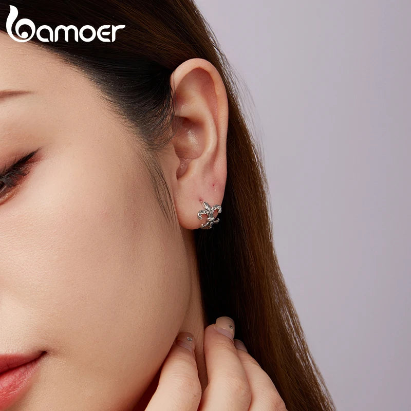 BAMOER Boucles d'oreilles créoles rétro en argent massif 925, motif floral, style huppies, bijoux classiques et raffinés pour femmes