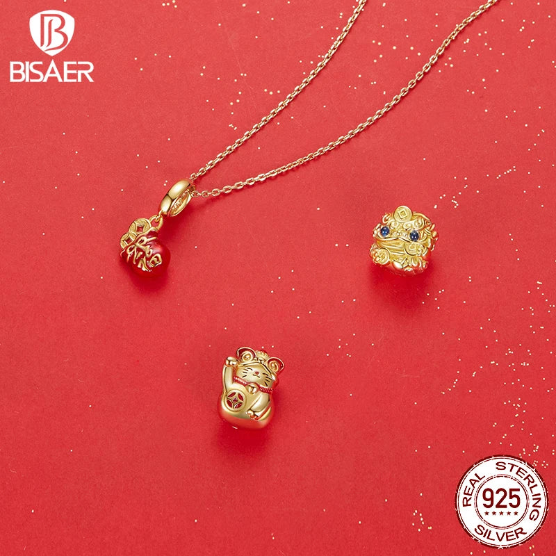 BISAER 925 Sterling Silver Lucky Koi Cat Pawprint Charm Bead Weaved Bag Pendentif Plaqué Or Fit Femmes DIY Bracelet Fine Jewelry